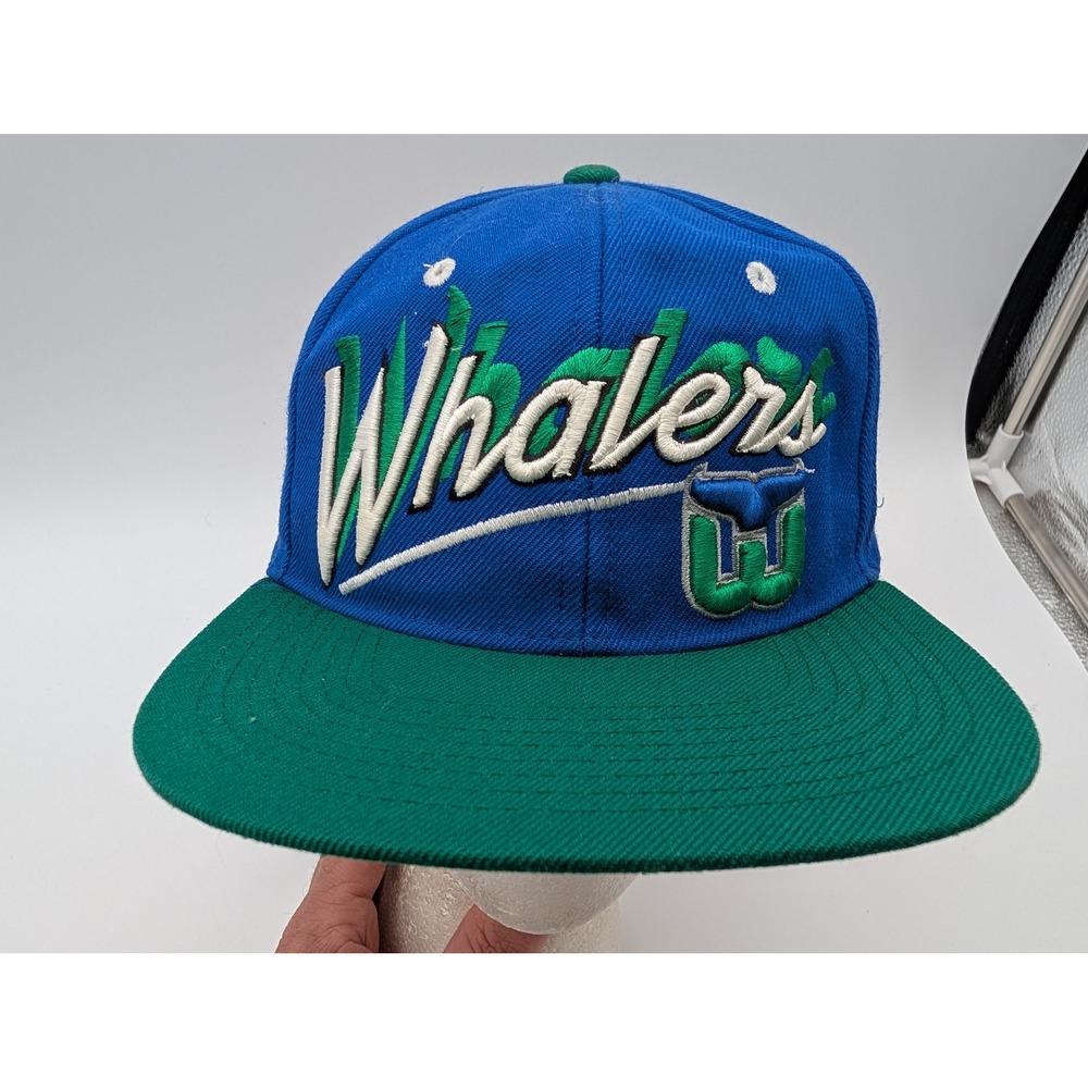 Vintage Zephyr Hartford Whalers Snapback Hat NHL Blue Green Script Logo Cap